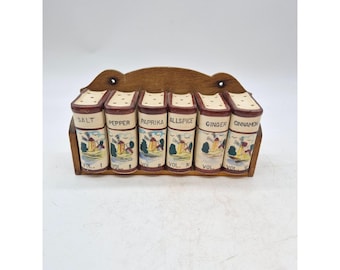 Juego de especias de cerámica vintage con estante de madera, decoración de cocina de mediados de siglo, diseño de molino de viento holandés.