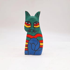 Laurel Birch carved wood cat figurine hand painted folk art kitty bold colors 1980s 4.5&quot; tall