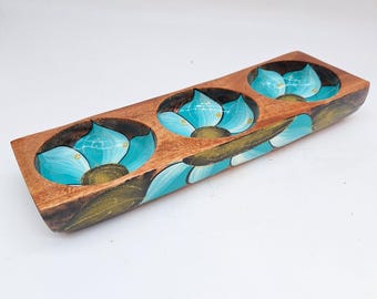 Handbemalter Holz Schmuckteller: Boho Blumen Glitter Lack