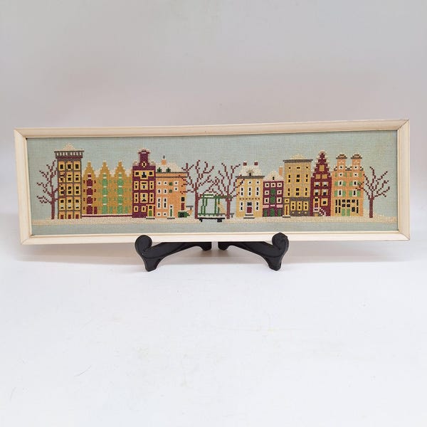 Framed Winter Village Cross Stitch - Vintage Folk Art (19.5" x 6")