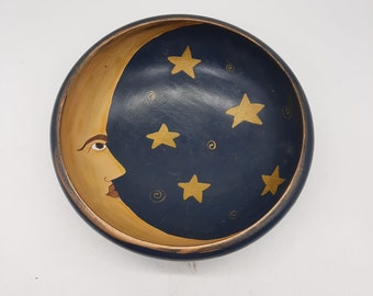 Handmade celestial moon and stars painted wooden bowl folk art signed