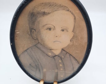 Antique folk art little boy child portrait framed picture pencil on paper oval