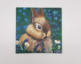 Peinture acrylique originale lapin de la faune sauvage sans cadre, petite oeuvre d'art signée Lori