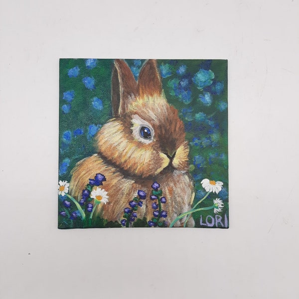 Original acrylic painting bunny rabbit wildlife unframed small art signed Lori