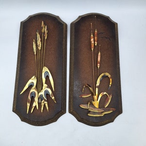 Vintage 1970s metal art wall hanging copper cattails wood base pair gallery wall