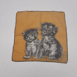 Vintage 1960s two gray tabby kittens handkerchief gold background rolled edge