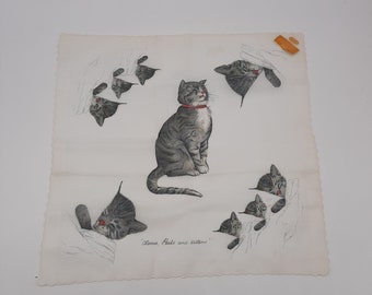 Vintage Chessie tabby cat handkerchief cotton scalloped edge original label