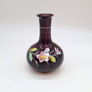 Hand-Painted Blown Glass Vase: Amethyst Purple Floral Victorian Decor