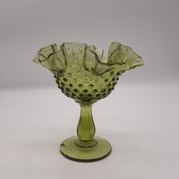 Vintage Fenton Green Hobnail Glass Compote Candy Dish Ruffled Rim