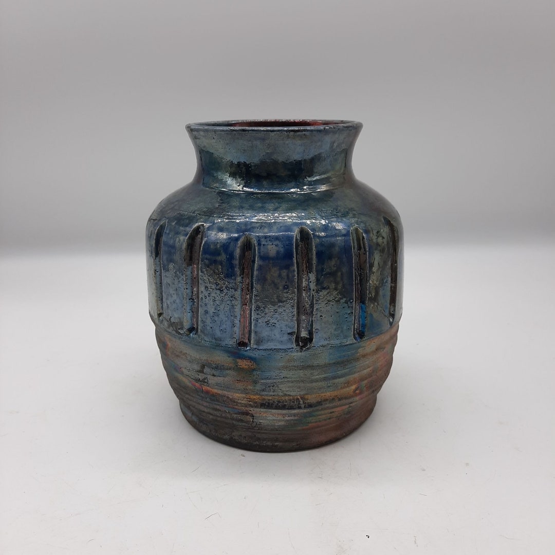 Raku Studio Art Pottery Textured Vessel Vase Metallic Copper Blue Glaze ...