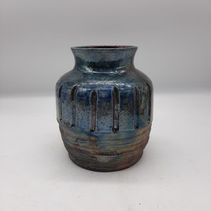 Raku studio art pottery textured vessel vase metallic copper blue glaze signed