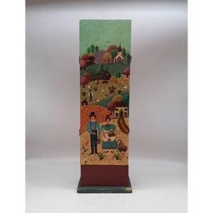 Gabinete pintado con arte popular vintage, escena de granja campestre, decoración de cabaña hecha a mano