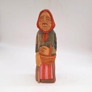 Carved Wood Folk Art Sculpture: European Old Lady with Basket, 13&quot;