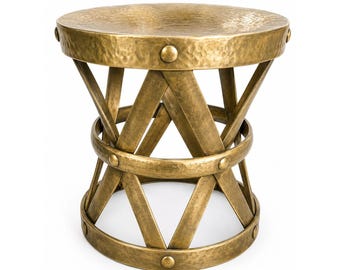Mid Century hammered brass end table Sarreid style drum stool