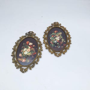 Vintage pair brass ornate frame dark moody floral botanical Made In Italy 8&quot; x 5.5&quot; each