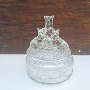 Vintage pressed glass powder trinket jar Scottie terrier dogs LE Smith My Pets 1930s clear 5" x 4.5" round
