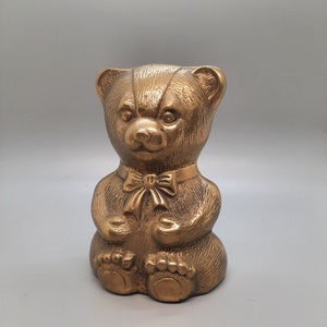 Vintage solid brass teddy bear with bow sitting made in Korea