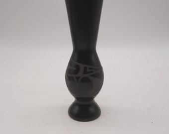 Vintage studio art pottery black ceramic vase tribal graphic design artist signed