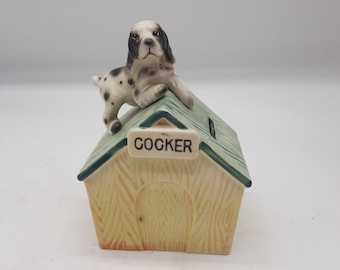 Mid century ceramic dog cocker spaniel on doghouse coin bank Lipper and Mann