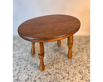Vintage rustic wood stool four turned legs oval top country cottagecore decor handmade