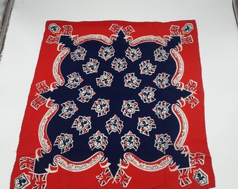 Sciarpa vintage monarca britannica Dieu et mon droit sigillo reale rosso bianco blu