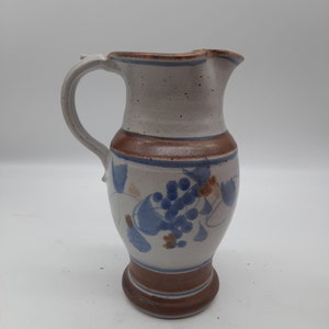 Studio art pottery pitcher brown blue gray glaze grapes artist signed