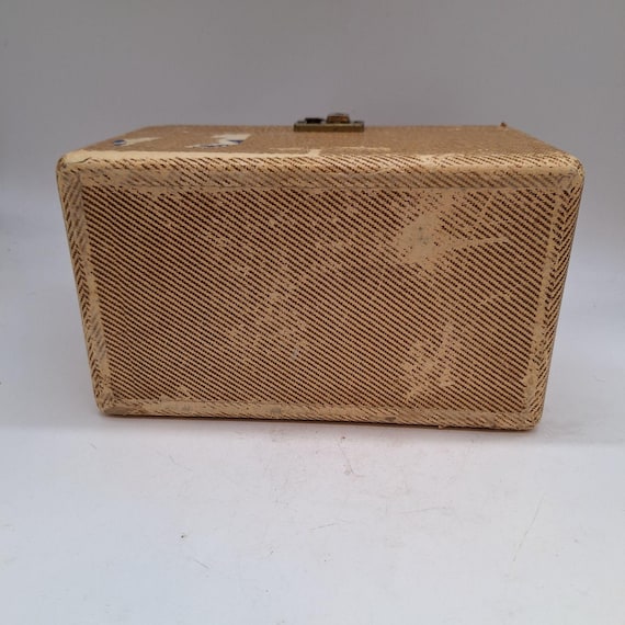 Vintage Midcentury Tweed Train Case: Brown Leather Handle, Brass