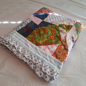 Vintage Crazy Quilt: Mixed Fabrics, Ruffled Edge Cottagecore Decor (84" x 70")