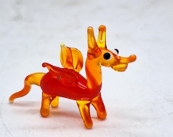 Blown glass orange dragon miniature handmade animal  1&quot; x 1&quot; x 1/4&quot;