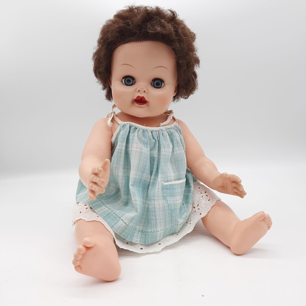 Vintage mid century baby doll hard plastic rubber sleep eyes brown hair unmarked