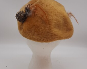 Mid Century Gold Faux Fur Hat G Fox & Co Beads Feathers  display picture 3
