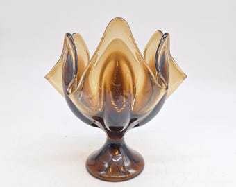 Mid Century Modern Viking Glass Handkerchief Bowl - 1970s Brown Pedestal