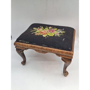 Vintage needlepoint footstool carved wood base floral on black design 16&quot; x 12&quot; x 11&quot;
