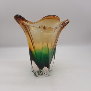 Mid Century Modern Art Glass Vase: Green to Yellow Ombre, 9&quot;