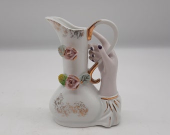 Royal Japan vintage hand holding pitcher vase with applied pink roses 5” tall