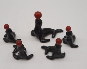 Vintage miniature California Creations redware sea lions seals with ball five