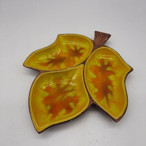 Mid Century Treasure Craft leaf divided dish tray ceramic yellow orange glaze