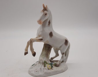 Antique Meissen porcelain horse rearing up brown and white