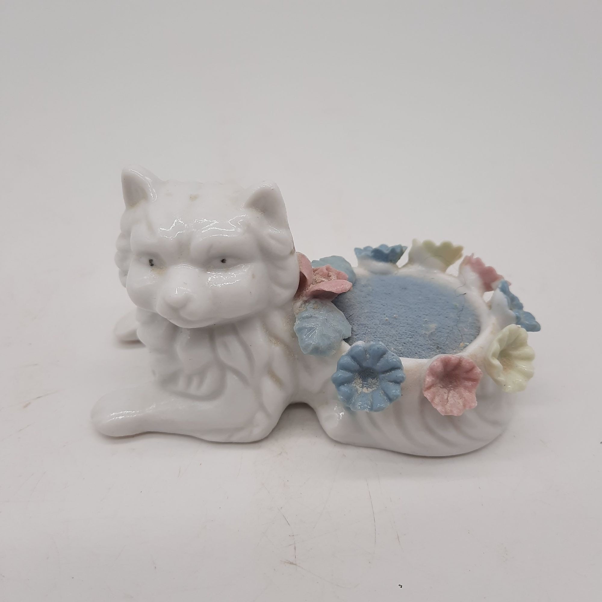 Vintage Porcelain Kitty Cat Floral Pincushion White Pink Blue
