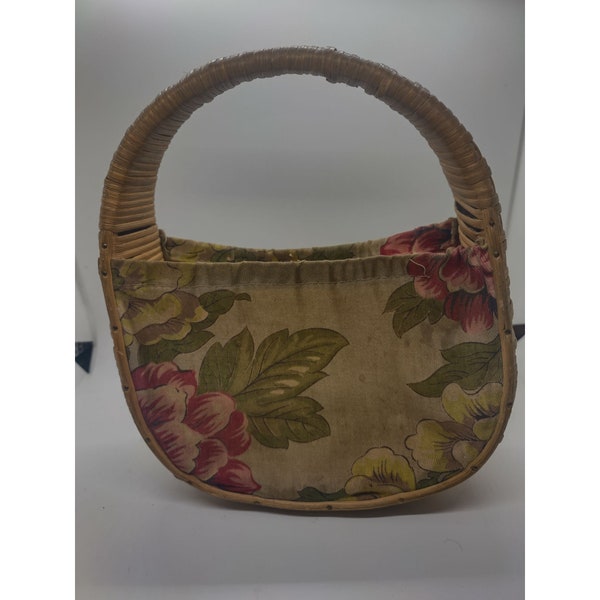 Vintage Wicker Fabric Sewing Handbag Purse Basket