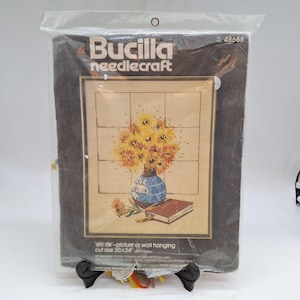 Vintage 1970s needlecraft kit yellow flowers book vase still life 1970s crewel original packaging 20&quot; x 24&quot; final size