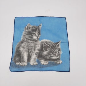 Vintage 1960s two gray tabby kittens handkerchief blue background rolled edge