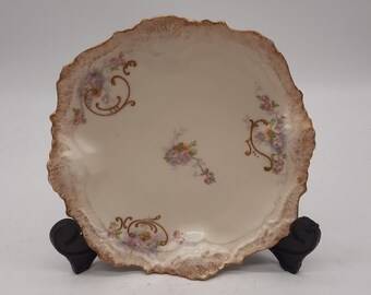 Vintage Limoges France hand painted floral dessert plate roses gilded ruffle edge