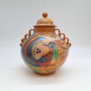 Mexican pottery lidded jar canister hand painted folk art bird scalloped handles 8&quot; x 6&quot;