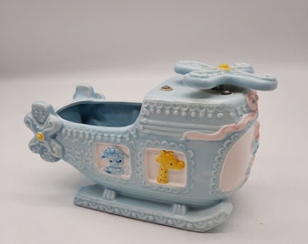 Vintage Napco ceramic helicopter planter music box Rockabye Baby blue