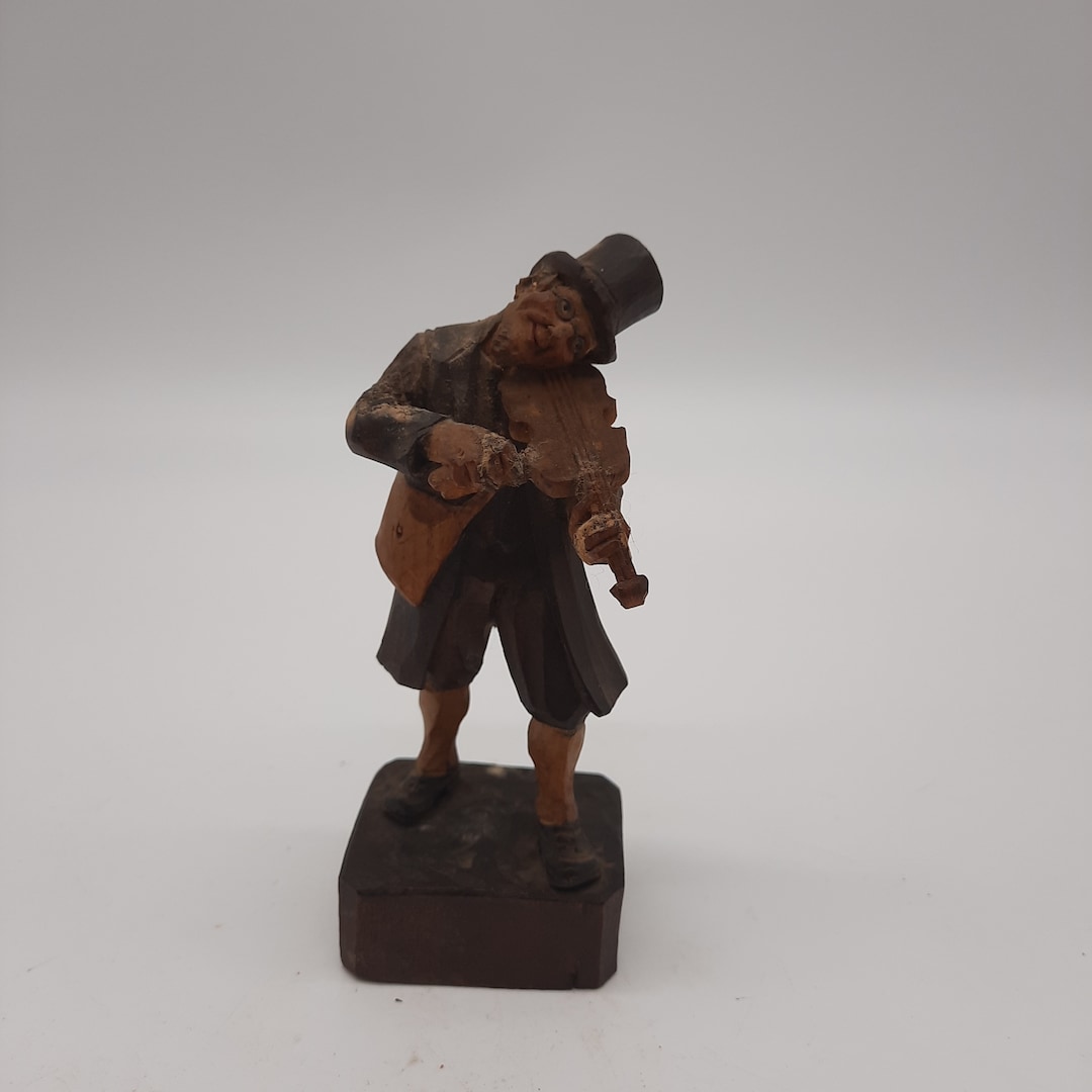 Vintage Black Forest Wood Carving Musician Man Violin Figurine