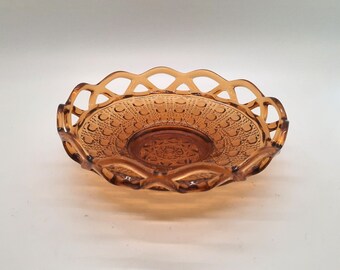 Vintage imperial amber glass button weave pattern lattice candy or trinket dish