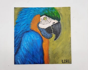 Peinture acrylique originale Ara, perroquet, faune, art mural sans cadre signé Lori