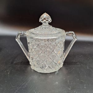 Antique pressed glass biscuit cookie jar lid handles Cambridge EAPG country cottage elegant decor 8&quot; x 9&quot; x 5&quot;