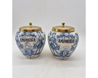 Vintage Delft Blue Apothecary jar set of 2 Amphora Tobacco Canisters with Brass lids Blue white Dutch kitchen decor